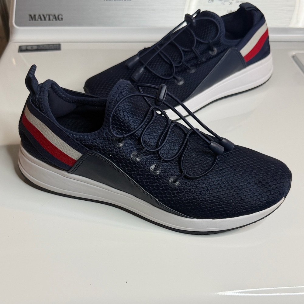Tommy Hilfiger Woman's Navy Athletic Slip-On Sneakers with Red & White Stripe